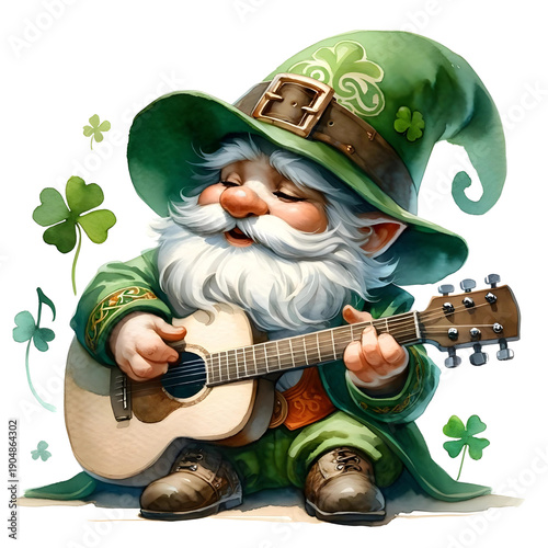 Cute Leprechaun Playing Guitar with Shamrocks