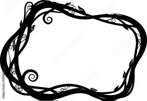 A black floral border frame with vines and leaves on a white background