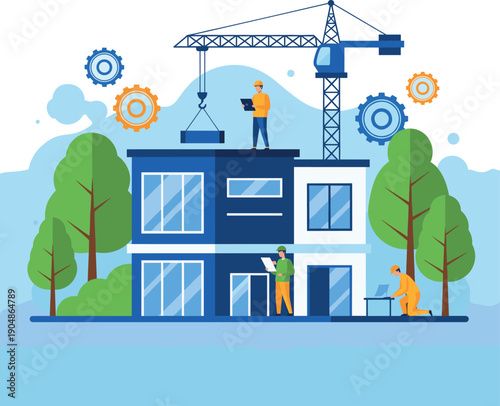Construction workers building modern house with crane, teamwork process, engineering tools, and residential development illustration