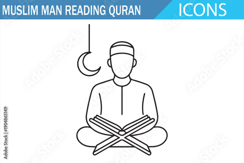 Muslim Man Reading Holy Quran Minimal Line Icon