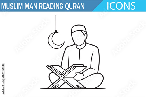 Muslim Man Reading Quran Line Icon, Islamic Prayer and Worship Illustration, Ramadan Spiritual Outline Symbol, Minimal Vector for Web, App, Education and Religious Design