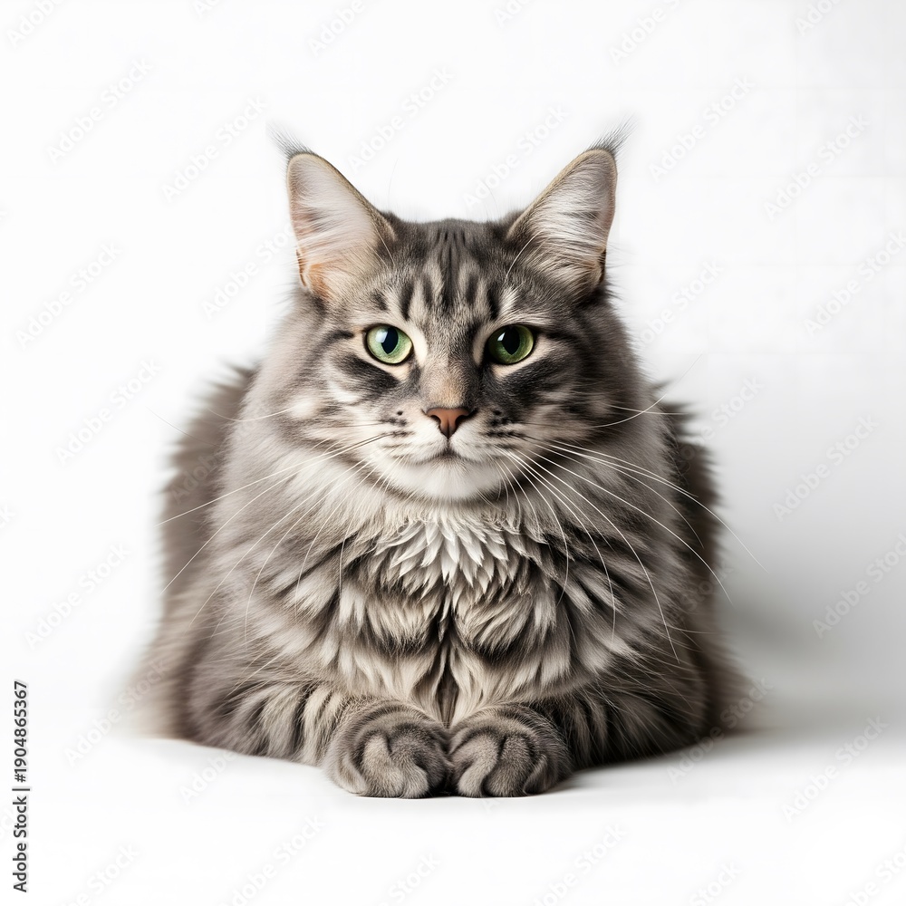 Obraz premium Majestic grey tabby Maine Coon cat with green eyes and fluffy fur sitting elegantly on a white background for pet care and veterinary promotional concepts