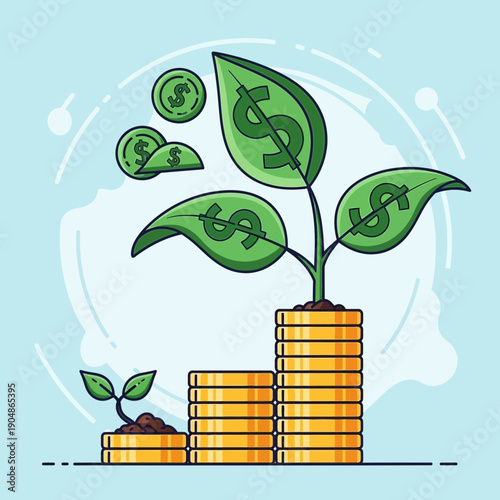 Money grows with successful investment and financial growth