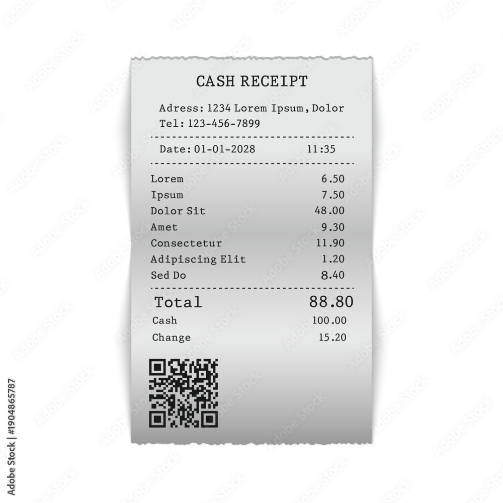 Naklejka premium Cash receipt with QR code and list of items purchased with total amount