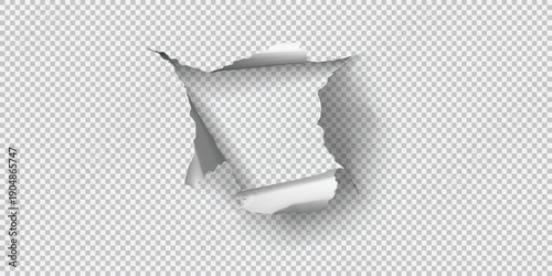 Realistic torn paper hole with ragged edges on transparent background for creative designs