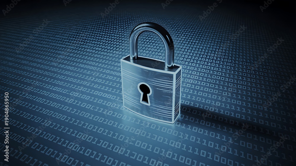 Fototapeta premium A digital padlock symbolizing cybersecurity and data protection over a binary code background