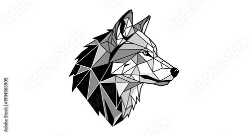 A stylized black and white wolf head vector illustration featuring a tribal silhouette design suitable for a wild animal tattoo or nature logo