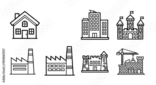 A comprehensive set of house icons and urban building silhouettes featuring diverse architecture from residential homes to industrial factory towers for estate and city construction design vector illu