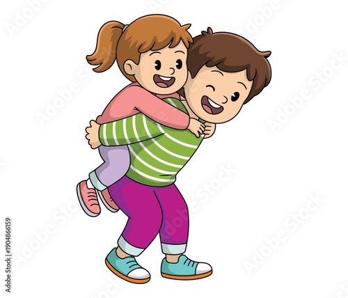 Boy giving girl piggyback ride with happy expressions.