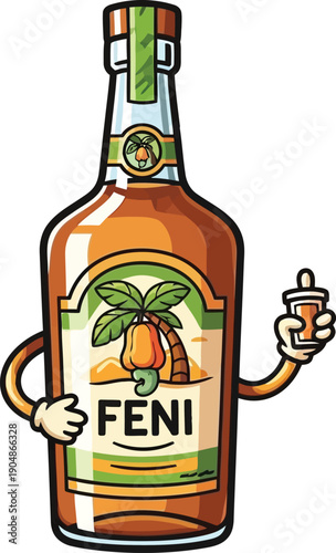 Cheerful cartoon bottle of feni liquor character holding small shot glass with cashew fruit label design