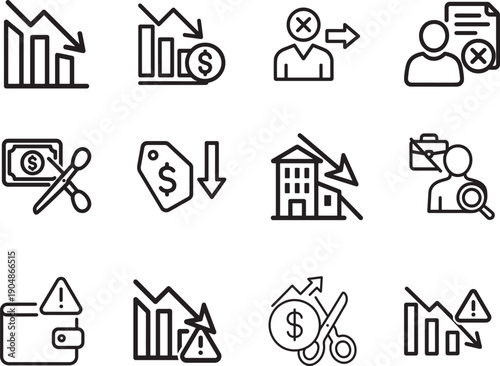 Economic crisis web icon set in line style showing decrease, layoffs, pay cuts, low cost, job loss.