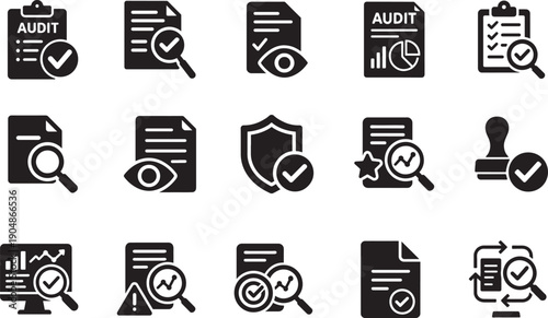 Audit icon set in solid glyph dual color style with check, verify, review, assess, monitor icons.