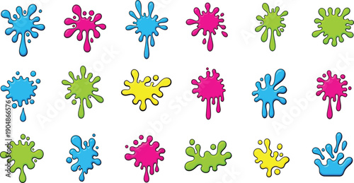 Collection of vibrant paint splashes and ink blots in various bright colors on transparent background