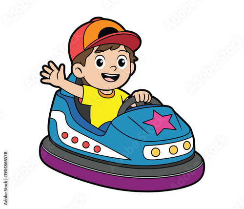 Cartoon boy wearing cap driving a blue bumper car and waving.