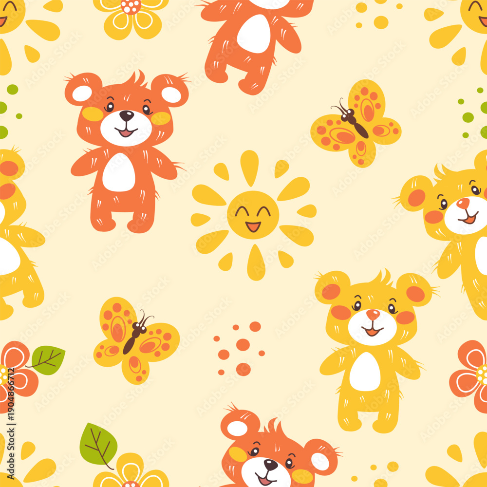 Obraz premium A seamless children's pattern with cute bears, smiling suns, butterflies, and flowers on a light yellow background. This flat vector illustration in warm orange and yellow tones 
