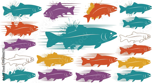 Dynamic fish illustrations with motion effect. Colorful aquatic animals for design. Abstract speed concept.