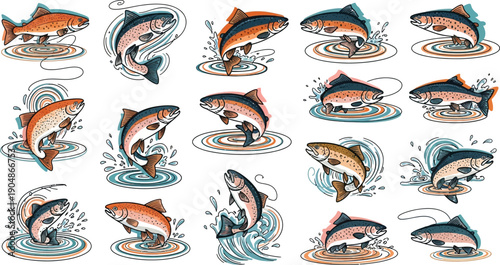 Collection of many realistic salmon fish jumping out of water, creating splashes and ripples, for fishing themes
