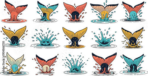 Fish tails splashing into water with colorful ripples and droplets in artistic hand drawn collection for nature design