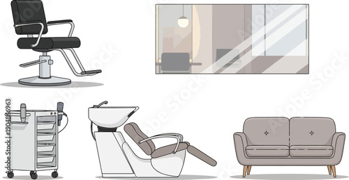 Hair salon furniture including styling chair, wash station, trolley, mirror and sofa