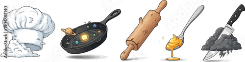 Kitchen utensils collection including chef hat pan with solar system rolling pin honey spoon and storm cloud knife art