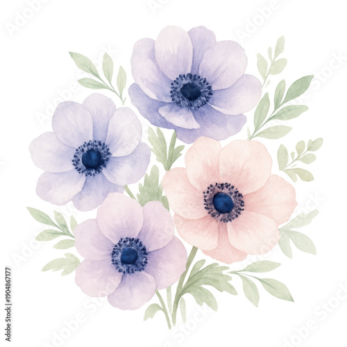Beautiful watercolor flowers with leaves in soft pastel colors