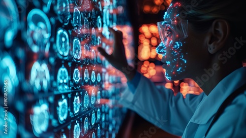 Doctor interacting with ai medical brain scan data