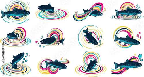 Set of abstract salmon fish silhouette on water surface with colorful ripples. vector illustration