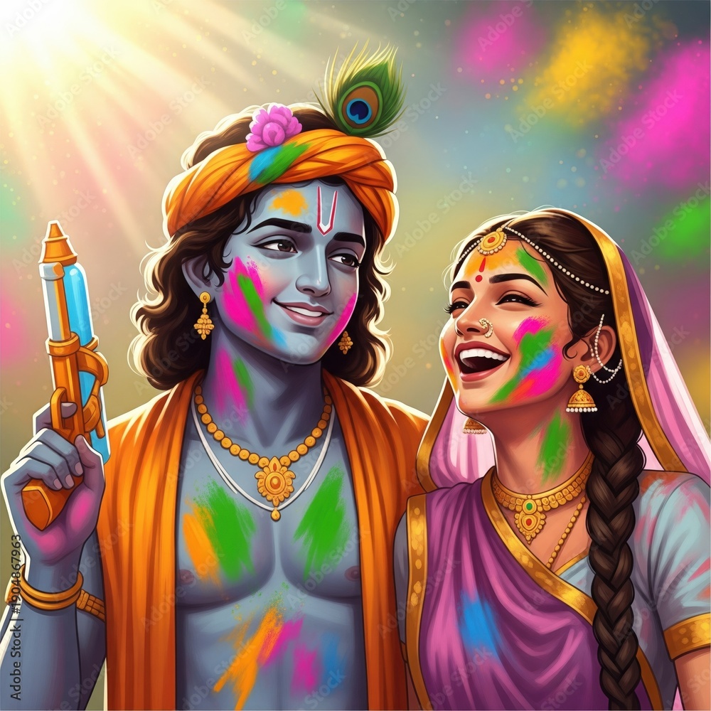 Obraz premium Radha Krishna enjoying Holi together in Vrindavan style – devotional illustration