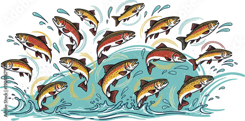 Set of salmon fish jumping out of water with splashes in doodle style. vector hand drawn illustration