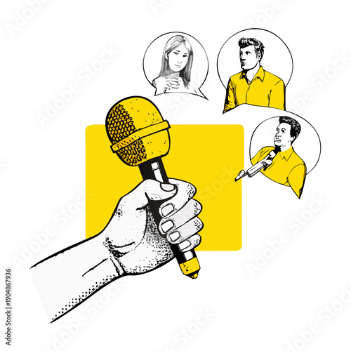 Hand holding microphone with people talking in thought bubbles