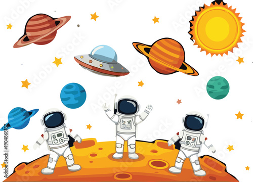 Cute cartoon astronauts exploring space with planets sun and spaceship colorful vector illustration for kids education design