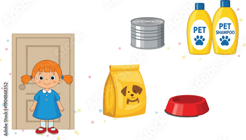 Cute cartoon girl with pet supplies dog food shampoo bowl and can colorful vector illustration for kids scene