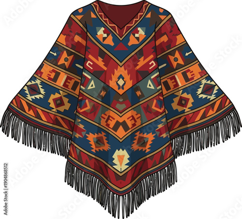 Traditional Native American poncho with geometric patterns and fringe detail warm colorful woven textile garment