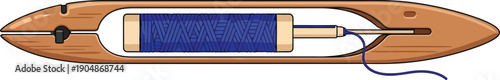 Weaving shuttle with bobbin and blue thread isolated on transparent background top view, loom equipment
