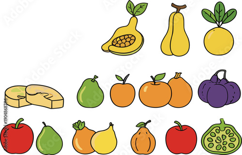 Hand drawn fruit and vegetable vector set featuring apples pears pumpkin citrus and tropical foods cartoon illustration