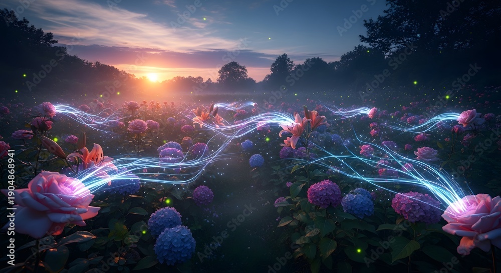 Obraz premium Enchanted Rose Garden at Sunset with Glowing Energy Trails