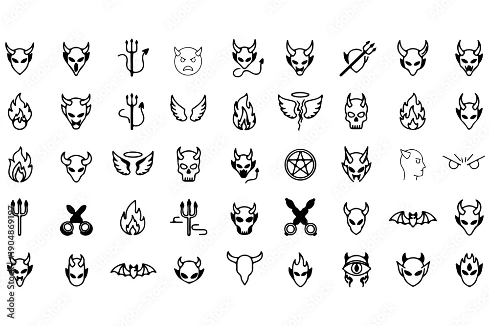 Obraz premium Collection of Devil Faces and Icons: Horns, Wings, Fire, and Symbols