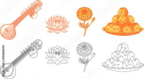 collection of sacred symbols of Vasant Panchami. Includes the musical instrument Veena, Lotus flower, Marigold blossom, and sweet Laddu.Ideal for Indian festival greetings, religious posters,etc