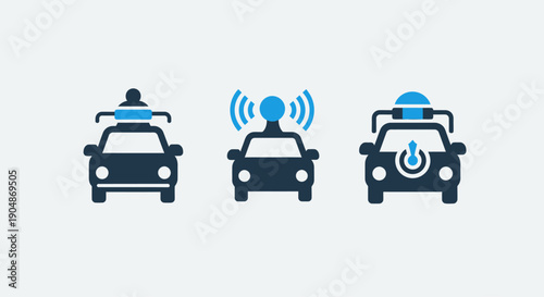 Police and emergency vehicle icons: car with siren, vehicle with signal, and car with timer, representing law enforcement and safety.