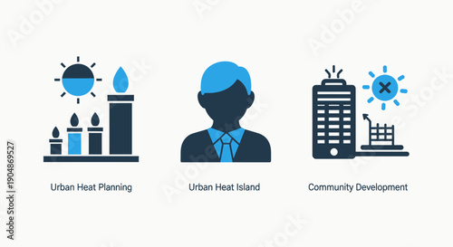 Icons for Urban Heat Planning, Urban Heat Island, and Community Development with city elements and people