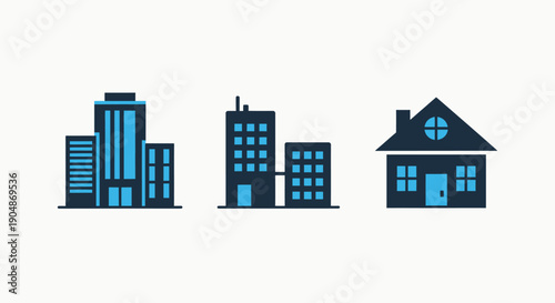 Simple vector illustrations of a skyscraper, office buildings, and a house for urban development and real estate concepts