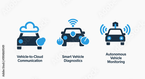 Vector icons for Vehicle-to-Cloud Communication, Smart Vehicle Diagnostics, and Autonomous Vehicle Monitoring