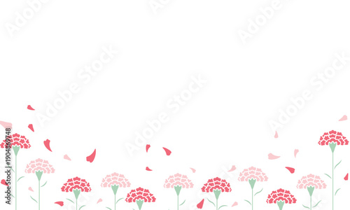 赤とピンクのカーネーションが下に並び花びらが舞う背景