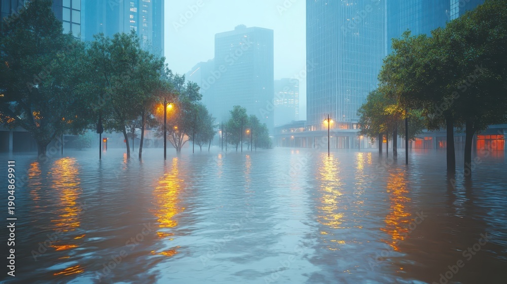 Fototapeta premium Flooded city street with submerged roads and buildings during a heavy rainfall event with trees and streetlights reflecting in the water