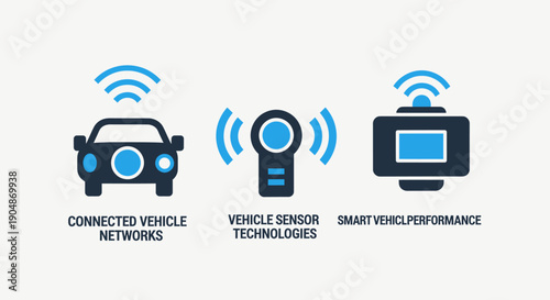 Conceptual icons for connected vehicle networks, vehicle sensor technologies, and smart vehicle performance, illustrating automotive innovation and connectivity.