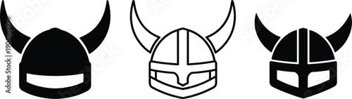 Viking helmet icon set with minimalist horned nordic warrior helmets solid outline vector collection for logos