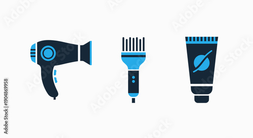 Flat design icons of a hairdryer, hair dye brush, and beauty cream tube, symbolizing hair care, styling, and cosmetic products.