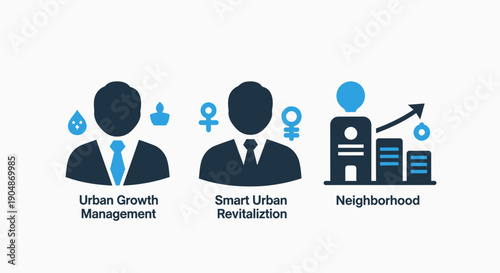 Icons illustrating urban growth management, smart urban revitalization, and neighborhood development, signifying city planning and community.