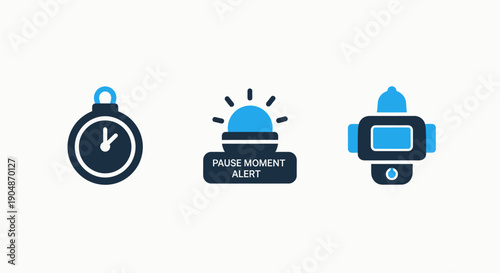 Alert and Time Icons: Stopwatch, Pause Alert, and Timer for Time Management and Notifications