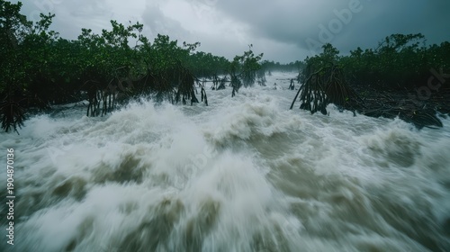 Mangrove forest battered by powerful storm surge flooding the coast with turbulent waters